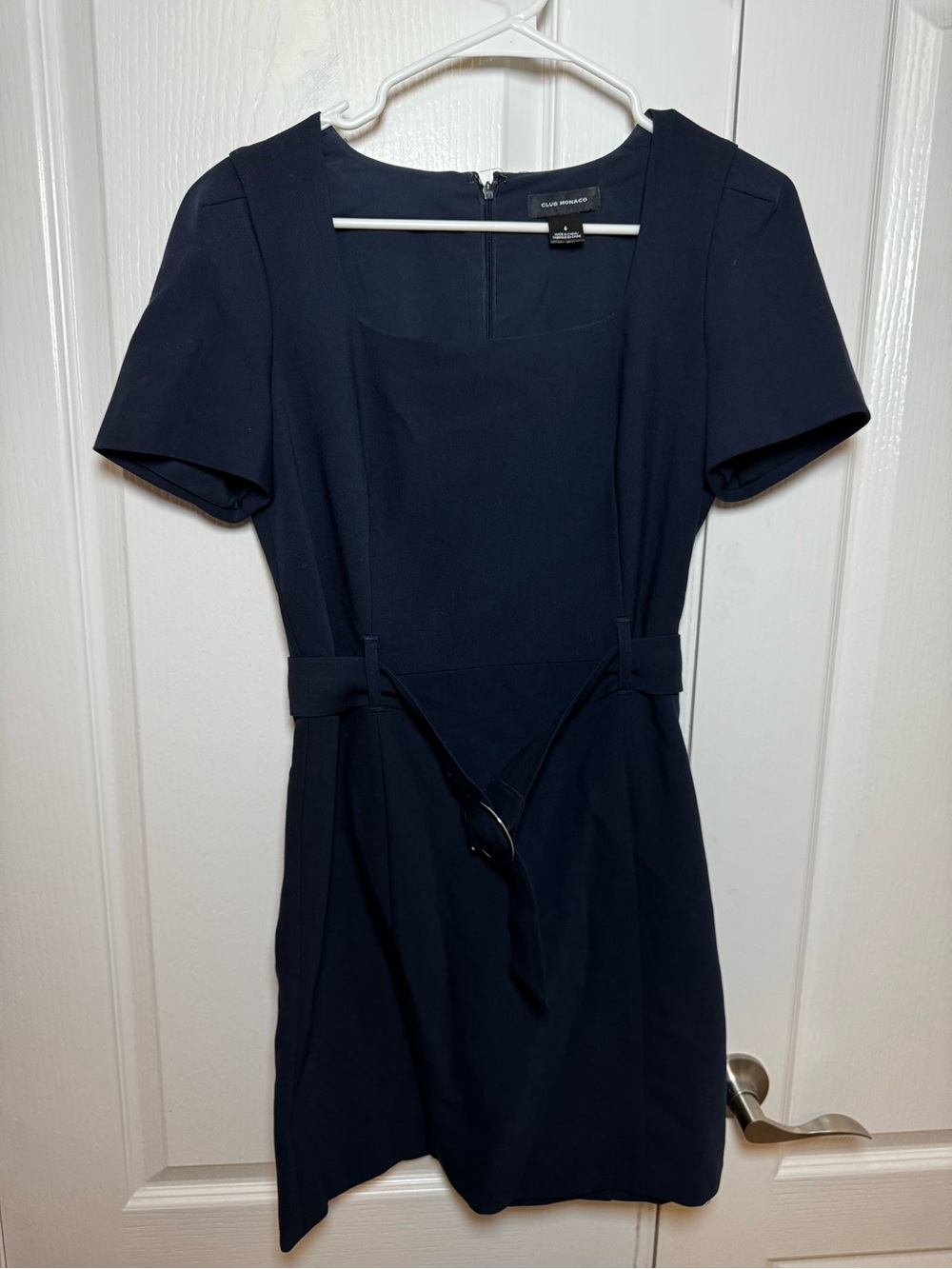 Club Monaco Navy Blue Square Neck Belted Mini Dress Size 6 Short Sleeve - Picture 2 of 6
